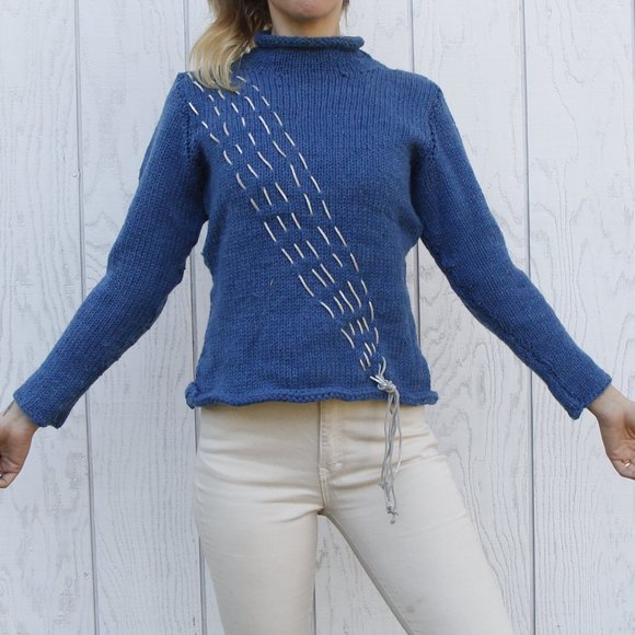 Vintage Mock Turtleneck Wool Sweater with Iridescent Leather Accent - Picture 11 of 12